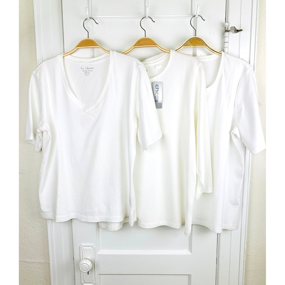 Chicos Set of 3 White Pima Cotton True Color T-Shirts SZ 3‎ XL V-Neck Scoop NWOT